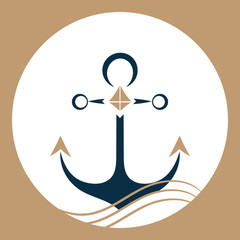 Ship anchor on the waves. Nautical logo