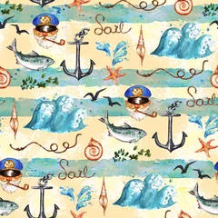 Deurstickers Nautical. Watercolor seamless pattern. © nataliahubbert