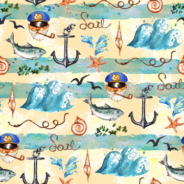 Nautical. Watercolor seamless pattern.