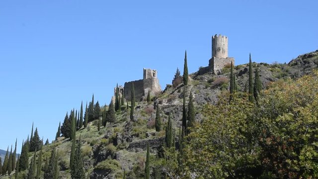 Cathar castle above the village of Lastours in France