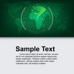 Green radar is searching for a target on a world map.Vector illustration