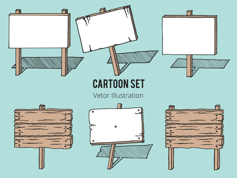 Sketch set of wooden signboards. Set of old wooden sign board in cartoon style. Isolated Hand drawn vector illustration. Shabby, crooked billboard and sign board with place for text