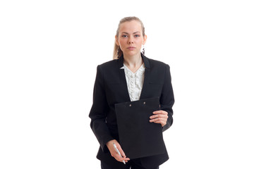 young business Lady in black suit holding a Tablet