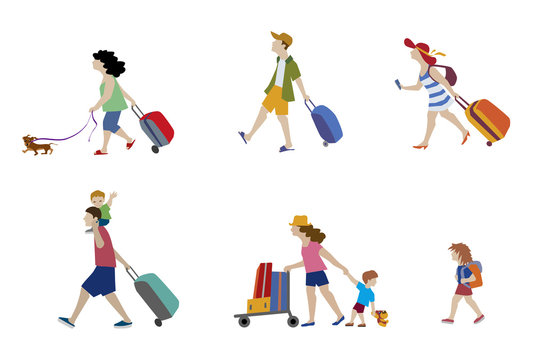 Vector illustration of people and family traveling on vacation. Characters set.