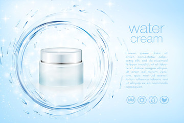 Aqua cream cosmetic product ads, hydrating facial skincare mock up template for christmas seasonal sale. Turquoise mask bottle isolated on glitter particles with water splash. 3D illustration.