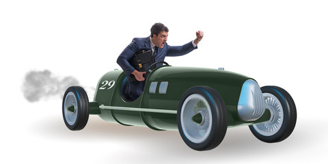 Businessman in vintage roadster isolated on white
