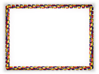 Frame and border of ribbon with the Romania flag, edging from the golden rope. 3d illustration