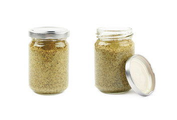 Glass jar of italian pesto isolated