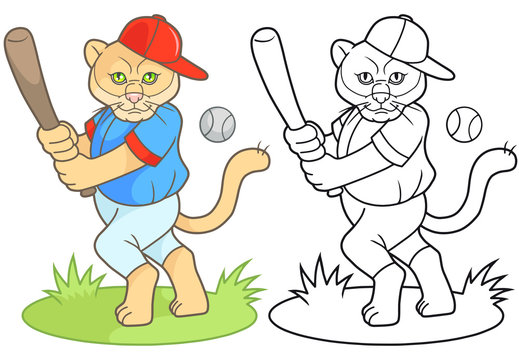 cartoon puma a baseball player is going to hit the ball
