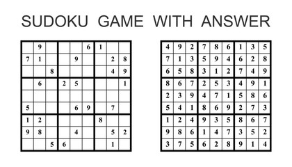Sudoku game with answer. Vector puzzle game with numbers for kids and adults. Illustration on white background.