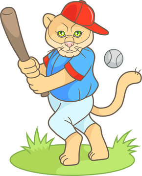 cartoon puma a baseball player is going to hit the ball
