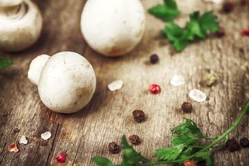 Ingredients with fresh mushrooms on wooden background