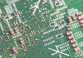 Close up of electronic components on the motherboard, microprocessor chip