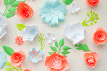 color paper flowers on the white stucco. Flat lay. Nature concept