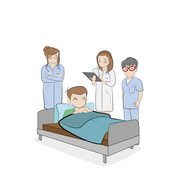 Medical plot. Doctors stand around the bed with the sick. Meeting on treatment. vector illustration.