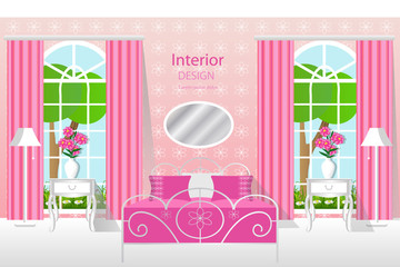 The interior of the bedroom. Room in pink. Bedroom furniture vector illustration - 149754154