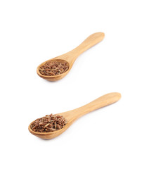 Wooden spoon of brown rice