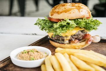 beef burger with fries and mustard sauce set meal