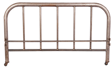 silver bed headboard against white background