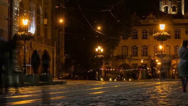 A timelapse of Rynok Square in Lviv city at night.