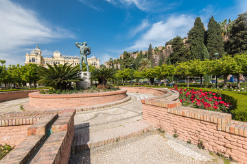 Town hall park and Alcazaba castle in Malaga, Spain