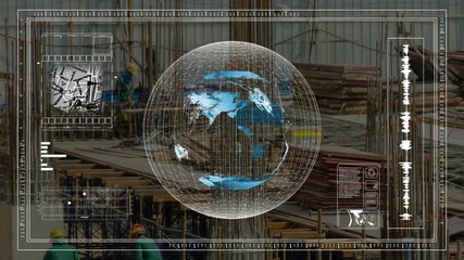 Animation of digital hologram analyzing technology of engineering construction site. Workers build skyscraper in heavy industrial construction or engineering concept with motion graphic in 4k - Powered by Adobe