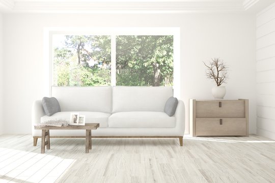 White modern room with sofa. Scandinavian interior design. 3D illustration