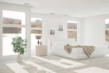 White modern bedroom with urban landscape in window. Scandinavian interior design. 3D illustration