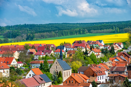 View over the village of Ranis in Thuringia in spring