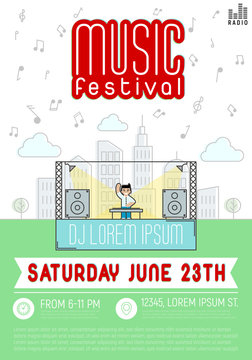 Music festival. Dj with console in megapolis. Vector illustration in flat style.