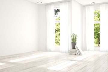 White empty room with green landscape in window. Scandinavian interior design. 3D illustration