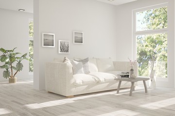 White room with sofa and green landscape in window. Scandinavian interior design. 3D illustration