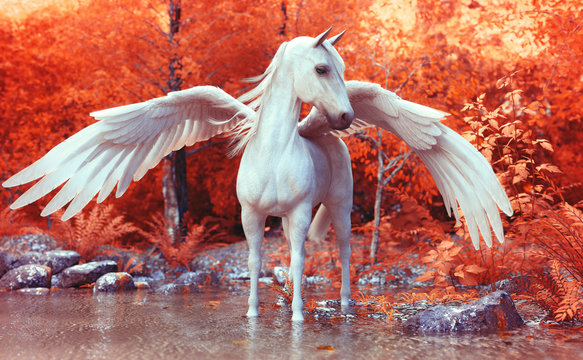 Mythical Pegasus posing in an enchanted forest
