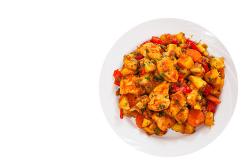 Meat with vegetables. top view. isolated on white