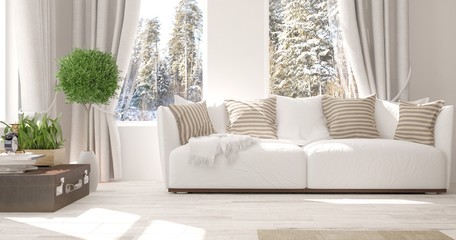 White room with sofa and winter landscape in window. Scandinavian interior design. 3D illustration