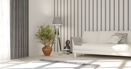 White modern room with sofa. Scandinavian interior design. 3D illustration
