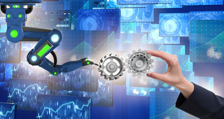 Teamwork concept with businessman and cogwheels