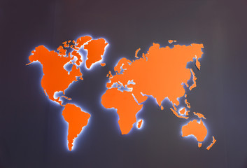 Orange map of the world, highlighted on a blue background