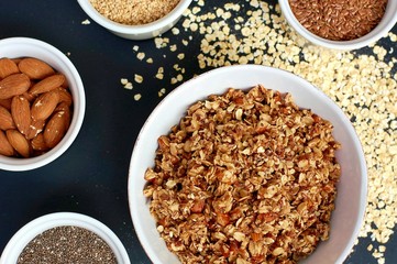 Homemade granola in white bowl with almond and seeds on black background