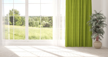 Fototapeta premium White empty room with green landscape in window. Scandinavian interior design. 3D illustration