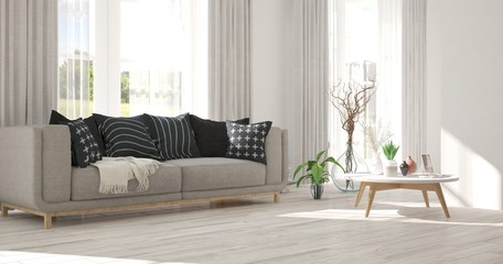 White modern room with sofa. Scandinavian interior design. 3D illustration