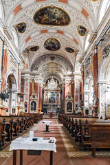  Interior panoramic view of Schottenkirche church in Vienna.
