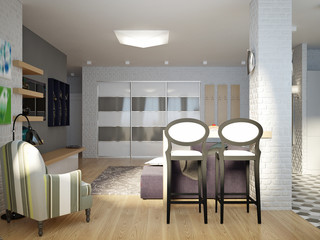 Modern Urban Contemporary Studio open living room, dining room and kitchen