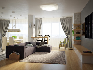 Modern Urban Contemporary Studio open living room, dining room and kitchen