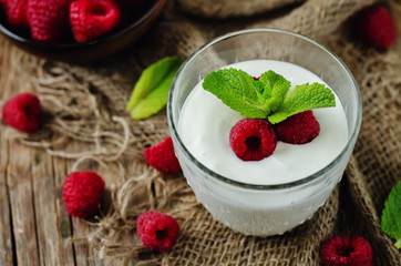 Greek yougurt with fresh raspberries and mint