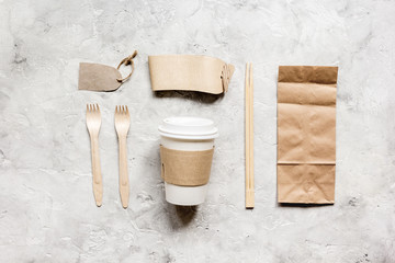 paper bags and plastic cup for take away set top view space for text