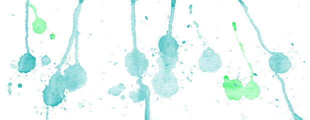 Blue green  watercolor splashes and blots on white background. Ink painting. Hand drawn illustration. Abstract watercolor artwork.