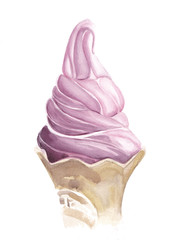 Watercolor ice cream. Hand drawn illustration of pink dessert. Colorful fruit or berry Icecream isolated on white background. Fresh and cold summer snack.