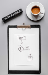 november business plan development with graphic and coffee desk background top view