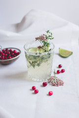 natural cocktail with berry and cut lime on stone desk background